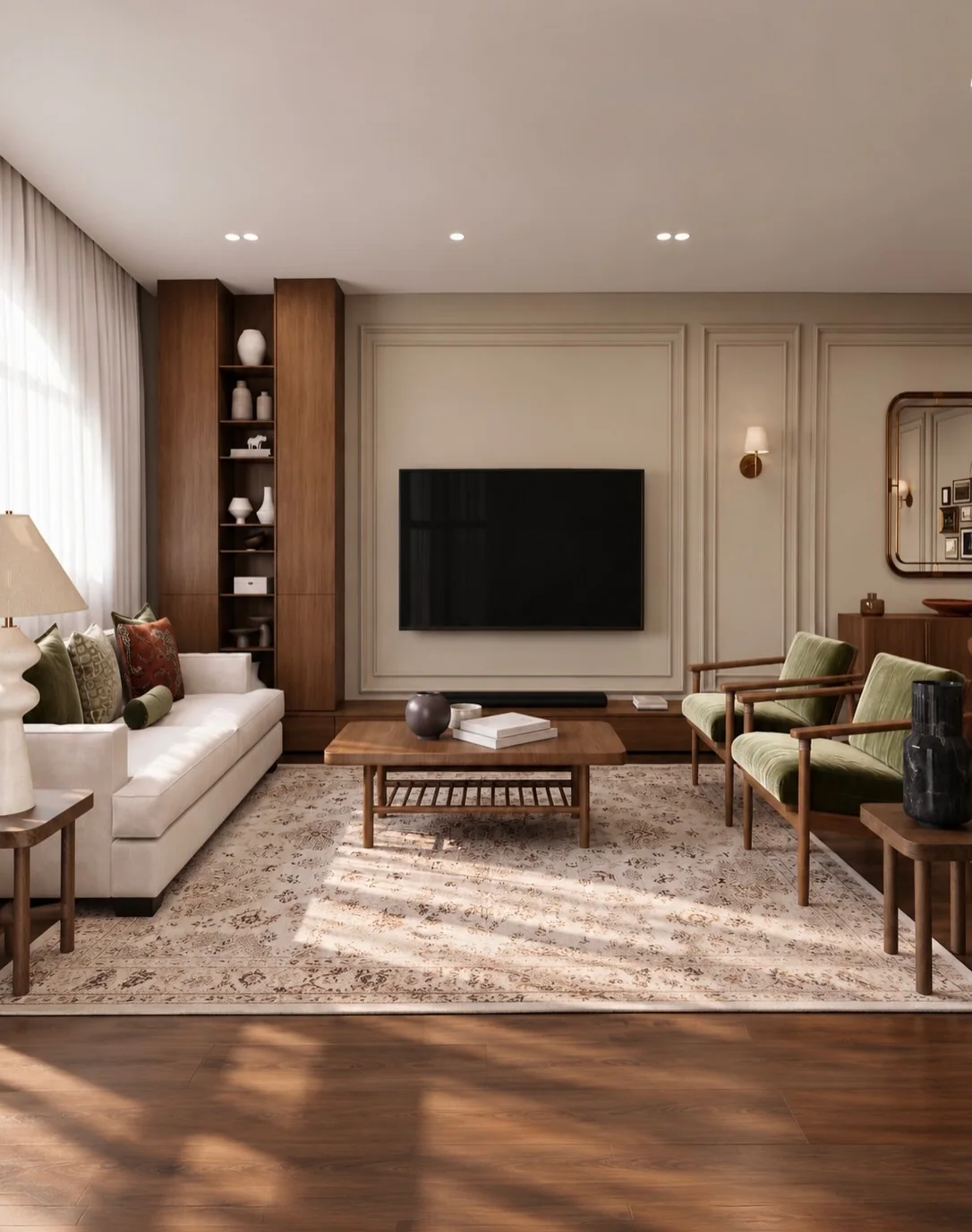 The Panelled Residence — Living room, towards the media wall
