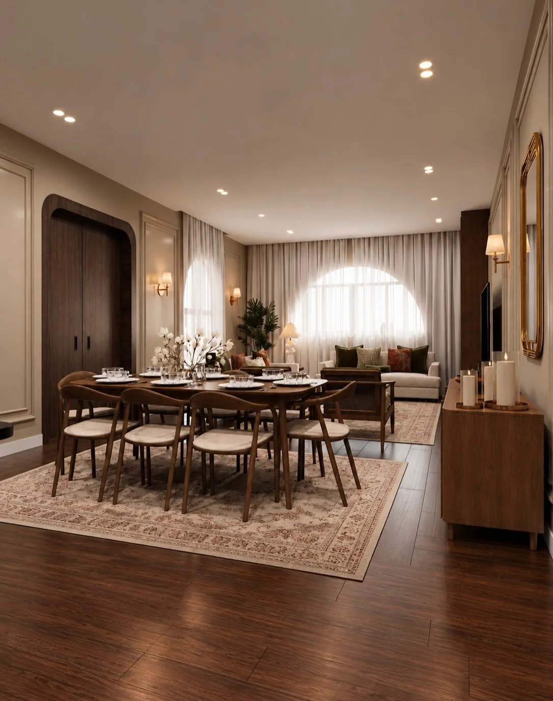The Panelled Residence — Dining and the arched doorways