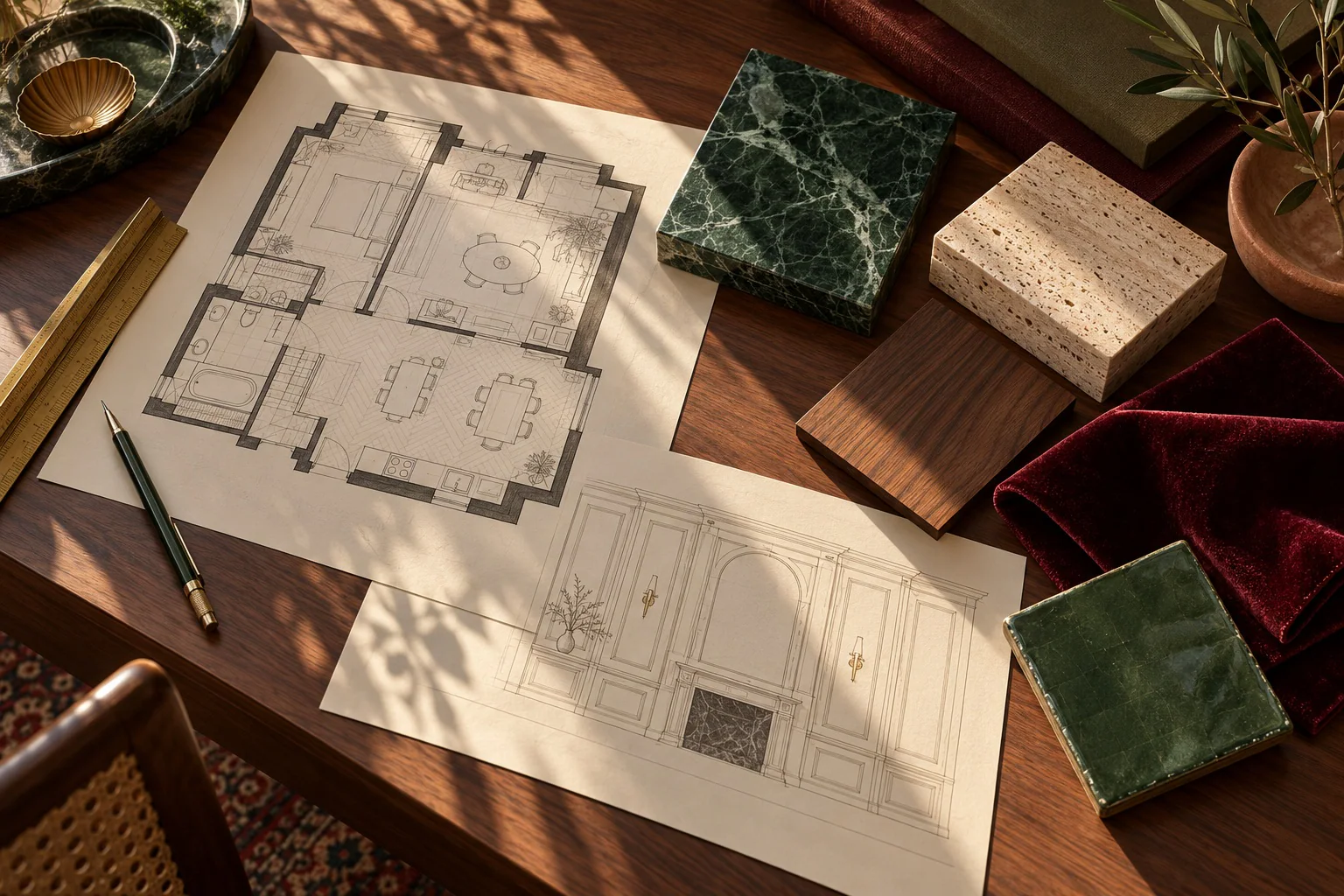 Plans, elevations and material samples on the studio desk